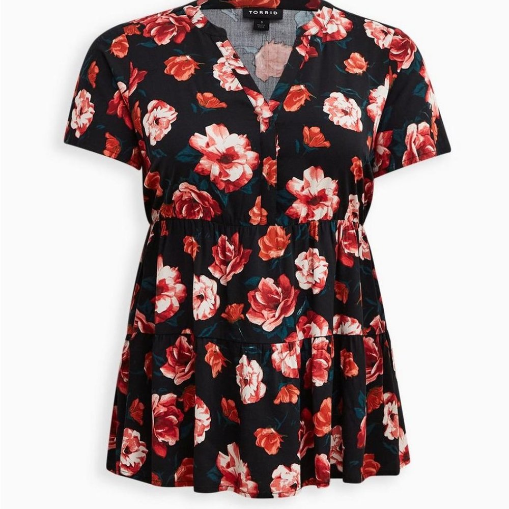 Torrid - Size 2 - Babydoll Rayon Twill Button-Front Tiered Top